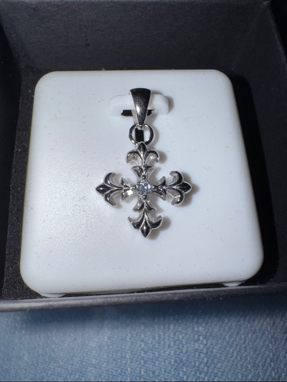 Sterling Silver Fleur-de-Lis Cross Pendant - Moissanite